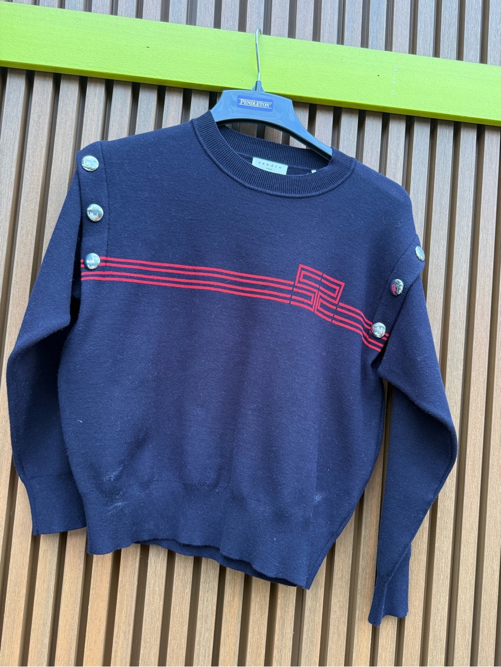 Sandro Navy Crewneck Sweater with Red Stripe and Button Accents